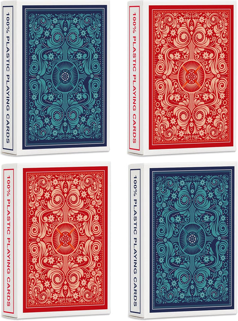 Playing Cards 4 Pack, Plastic Waterproof Bulk for Adults and Seniors, 4 Decks of Poker Cards Professional Set