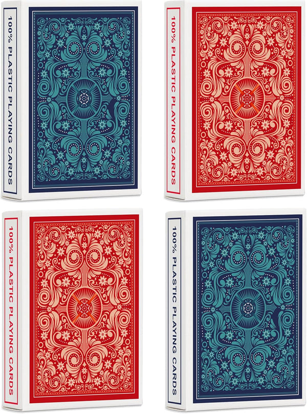 Playing Cards 4 Pack, Plastic Waterproof Bulk for Adults and Seniors, 4 Decks of Poker Cards Professional Set