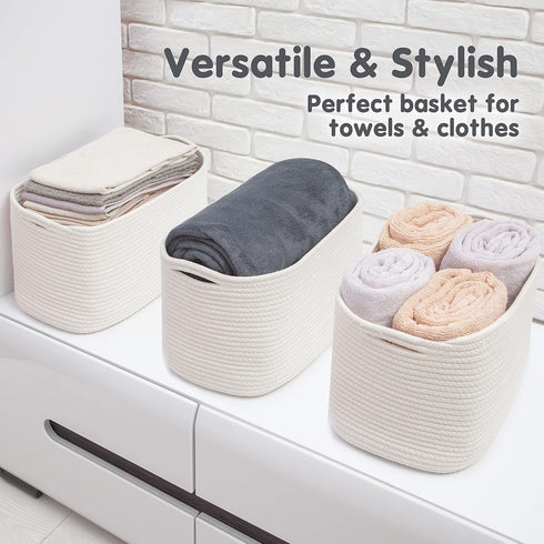 CHAT BLANC Cotton Rope Baskets for Organizing, Small Laundry Baskets, Woven Storage Bins, Creamy White 3 Pack