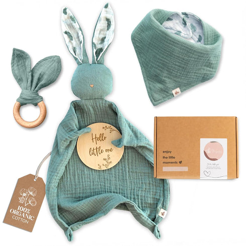 Mikito Organic Cotton Newborn Gift Box, Unisex Baby Gifts Including Muslin Lovey Comforter,