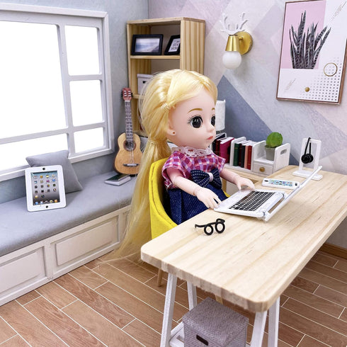 3 Pack Mini Dollhouse Laptop, Tablet, and Smartphone Accessories for 1/6 1/12 Miniatures, Silver