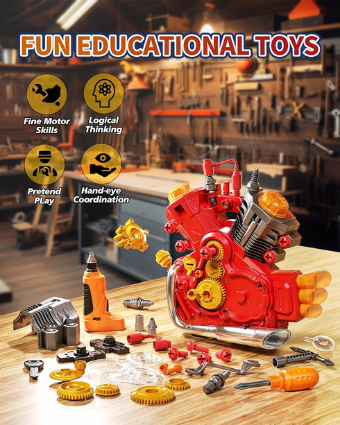 3+Year Jovow Engine Building Kit, Kids Mechanic Toys for Motorcycle Engine Toy, STEM Engine Model Kit Toy with Cool