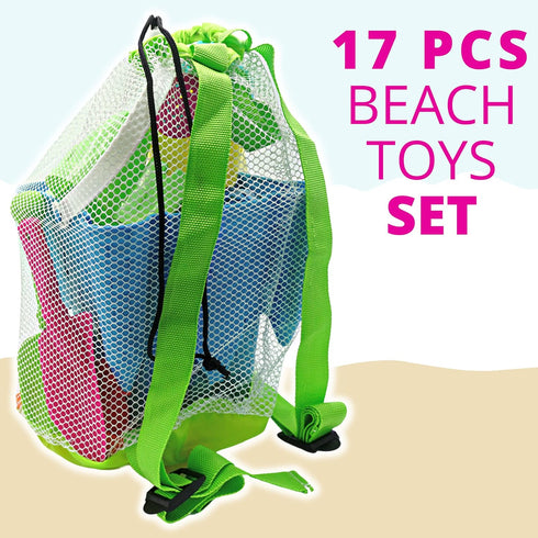 4E's Novelty Beach Toys for Kids with Bag, 17 Pcs Set Castle Beach Bucket with Shovels & Molds for Ages 3-10