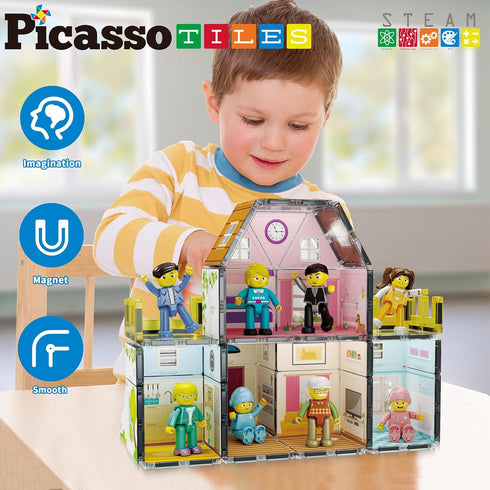PicassoTiles Magnet Tile Building Block Family Homestead Doll House Playset, 8 Character Action Figures, STEM Kit