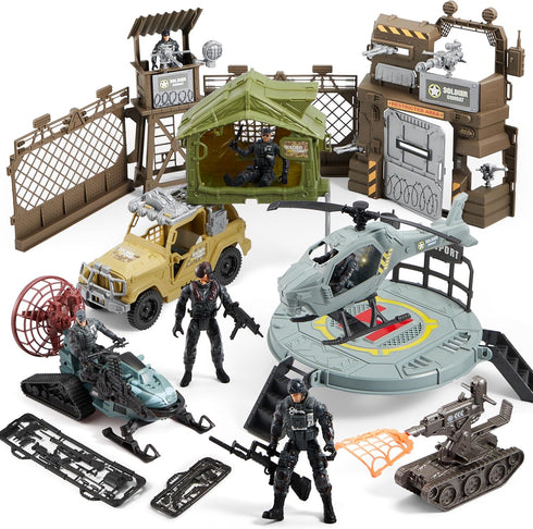 SYNCFUN Military Toy Set with Army Base, Vehicles, Action Figures & Weapon