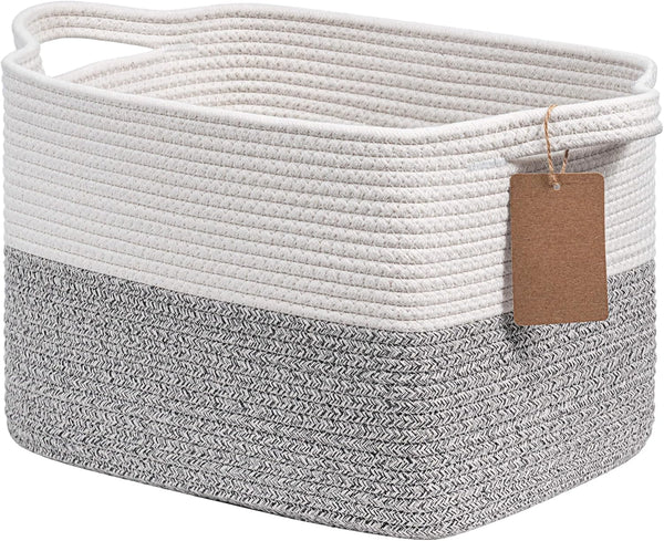 Goodpick Woven Storage Basket for Shelves, Small Laundry Basket with Handles, Grey and White