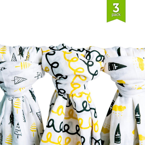 Muslin Baby Swaddle Blankets, 48x48 (3 Pack) Black, Gold, Cloud, Tree, Loops