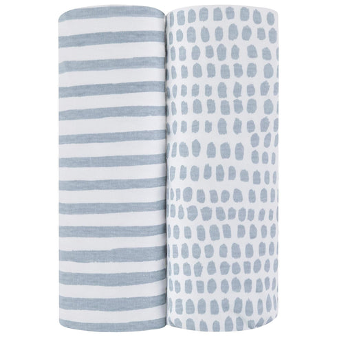 Ely’s & Co. Waterproof Crib Toddler Bed Sheet 2-Pack Set for Baby Boy - 100% Cotton, Misty Blue Stripes