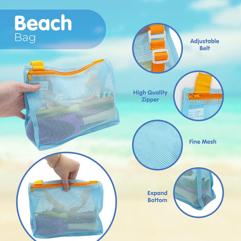4E's Novelty 2X Shark Tooth Sifter for Beach with 2X Small Mesh Beach Bag for Shell Collecting, Metal Sand Scoop for