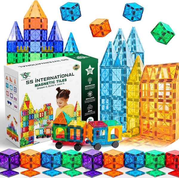 Magnetic Tiles 100 Piece Set with 2 Cars, Magnetic Blocks & Magnet