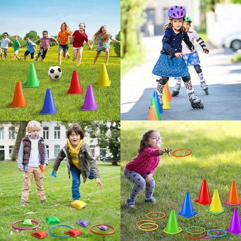 Eocolz 3 in 1 Carnival Games Set - Soft Plastic Cones, Bean Bags, Ring Toss Games for Kids Birthday Party Supplies