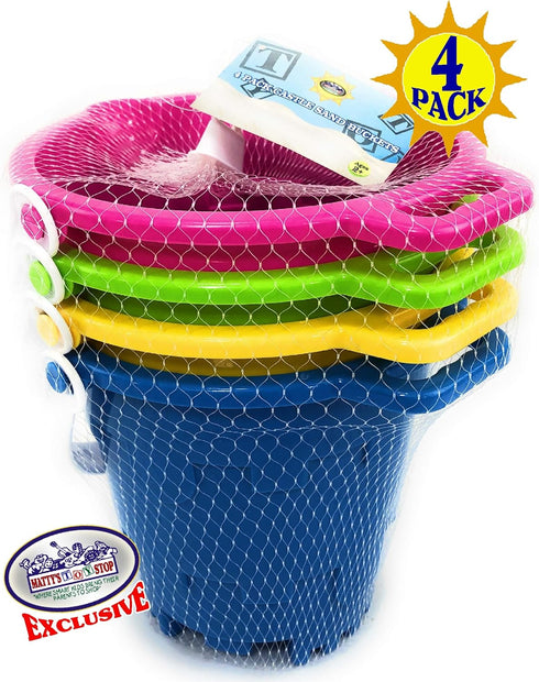 7" Set 4 Pack Matty's Toy Stop Beach Gear Plastic Castle Mold Sand Buckets (Pails) with Easy Pour Spout and Handle