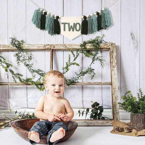 WAHAWU 2nd Greenery Birthday High Chair Banner - Nature Highchair Banner, Two Wild Party Banner, Tassel Bunting