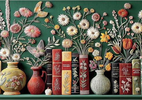 MININWAN Mbroidered Style Vintage Botanical Flower Bookshelf Puzzles for Adults 1000 Pieces,