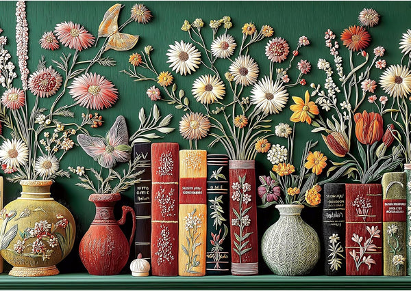 MININWAN Mbroidered Style Vintage Botanical Flower Bookshelf Puzzles for Adults 1000 Pieces,