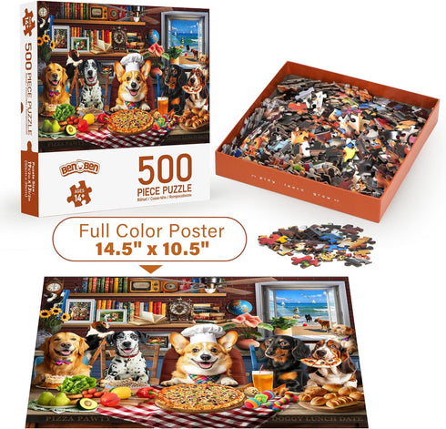 500 BenBen Puzzles for Adults Pieces, Dogs' Dinner Party, Dog Jigsaw Puzzle with Patterns on Back, Funny Animal Puzzle