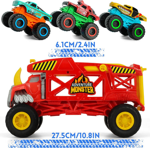 4-in-1 Monster Truck Transport Carrier Playset - Red Mover Rhino Toy Cars Hauler Set for Kids 3+
