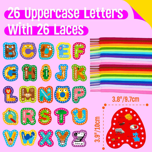 26PCS Kids Lacing Cards - Double Sided Uppercase Sewing Cards with Colorful Laces, Educational Activity Toys