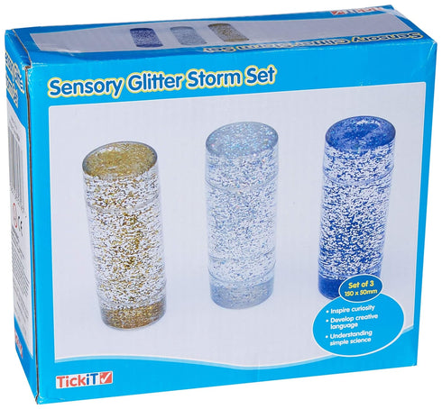 TickiT Sensory Glitter Storm - Set of 3 Calming Glitter Tubes in Blue, Silver, Gold for Stress Relief