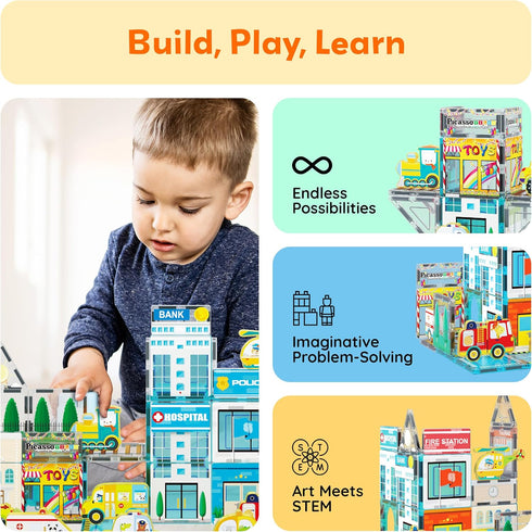 Set 8 3 PTQ14 PicassoTiles Metro City Hospital Magnetic Tile Building with Vehicles and Figures Educational Magnet