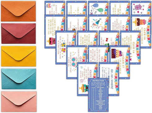 Happy Birthday Treasure Hunt Clues Game Cards, 20 Cards with Colorful Envelopes, Indoor Outdoor Party Game Supply