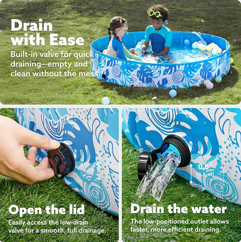Swimming (63" 12") SLOOSH Foldable Dog Kiddie Pool - Portable Hard Plastic Kids Baby Doggie Pool, Anti-Slip Thick PVC