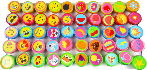 Tiny Mills 50 Pcs Emoji Assorted Stamps - Self-Ink Stamps for Kids, 50 Different Designs for Party Favors