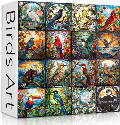 Stained Glass Puzzles for Adults 1000 Pieces - Bird Puzzles with Cardinal Parrot Hummingbird, Challenging Jigsaw