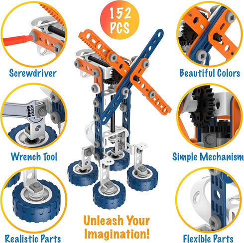 12-in-1 STEM Kit Toy for Kids - 152 Piece Construction Building Set for Boys and Girls Ages 4-12