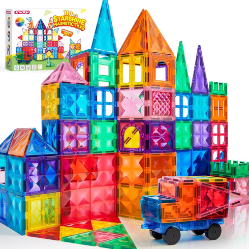 SYNCFUN Magnetic Tiles 110pcs, 3D Magnet Building Tiles with Vehicle, Construction Blocks Set for Kids, STEM