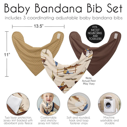 Sweet Jojo Designs 3 Pack Cowboy Baby Bandana Bibs - Newborn Infant Feeding Drool Red Blue Tan