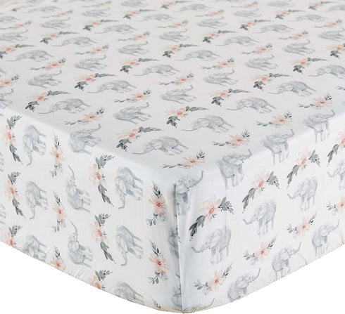 Levtex Baby - Heritage Crib Fitted Sheet - Fits Standard Crib and Toddler Mattress - Elephants Flowers - Blush, Grey and White - Nursery Accessories - 100% Cotton by Levtex Baby