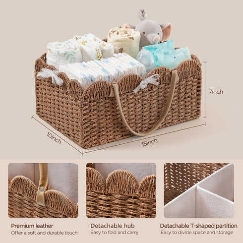 HBlife Large Baby Diaper Caddy, Paper Rope Storage Baskets Nursery Bin with Removable Divider, Portable Car Organizer