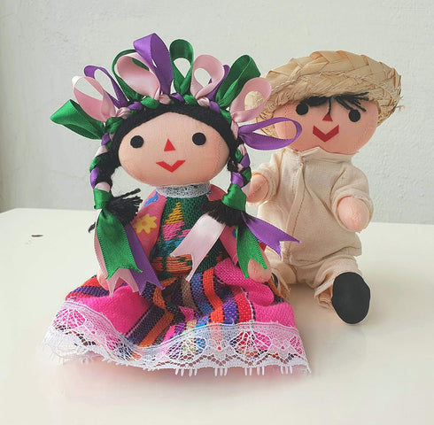 ALKIMIA INC Mexican Handmade Traditional Rag Couple Dolls, 7 inches - Pink & White