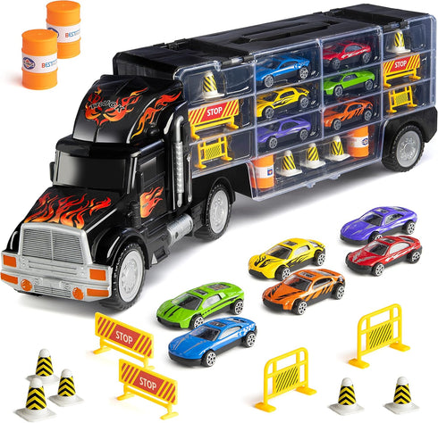 Toy Truck Car Carrier - Includes 6 Toy Cars and Accessories, Fits