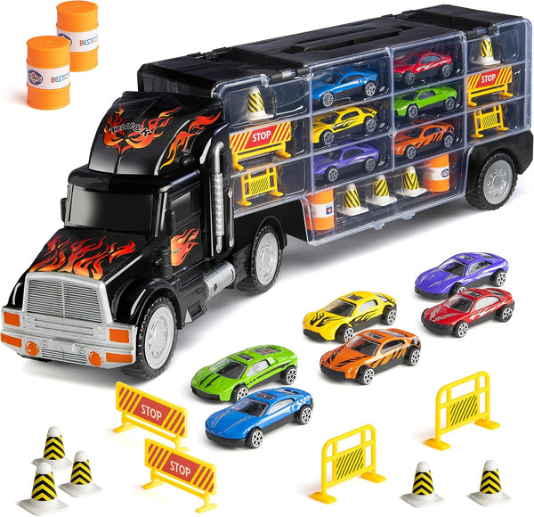 Toy Truck Car Carrier - Includes 6 Toy Cars and Accessories, Fits