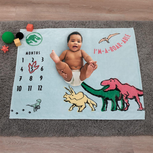 I'm-a-Roar-able Dinosaur Milestone Baby Blanket, Super Soft, Blue, Green, Orange, Yellow, Jurassic World Theme
