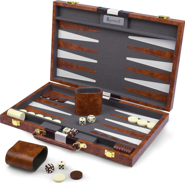 Backgammon Sets for Adults, Leather Board Games for Travel, 15 Inch Board with 32 Pieces in Quality Set