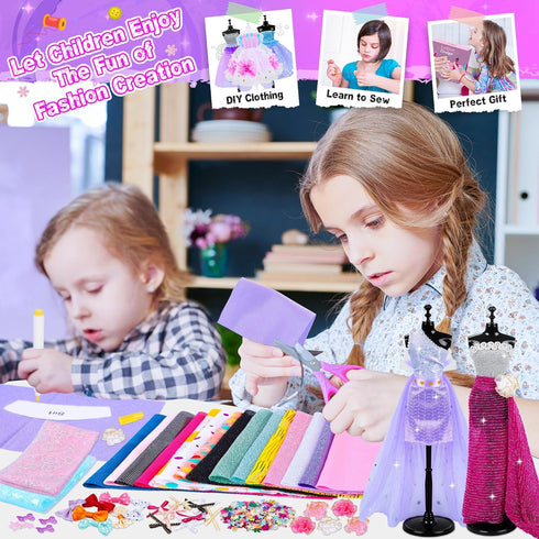MINIFUN 1500+ Pcs Fashion Designer Kit for Girls, Sewing Kit with 7 Mannequins, DIY Arts and Crafts for Kids