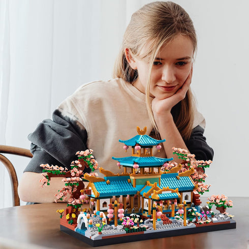 Sets Set 14+ 2350 JXRLMB Chinese Classical Suzhou Gardens Micro Building Blocks with Sakura Cherry Tree Challenging