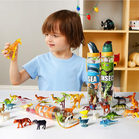 JOYIN 69Pcs Assorted Small Animal Figures, Mini Plastic Toy (Ocean, Zoo, Farm, Dinosaur, Insect) for Sensory Bin