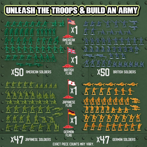 Playset- 200pc Set World War II Army Men Toy Action Figure Including Soldiers & Flags from The US, Great Britain