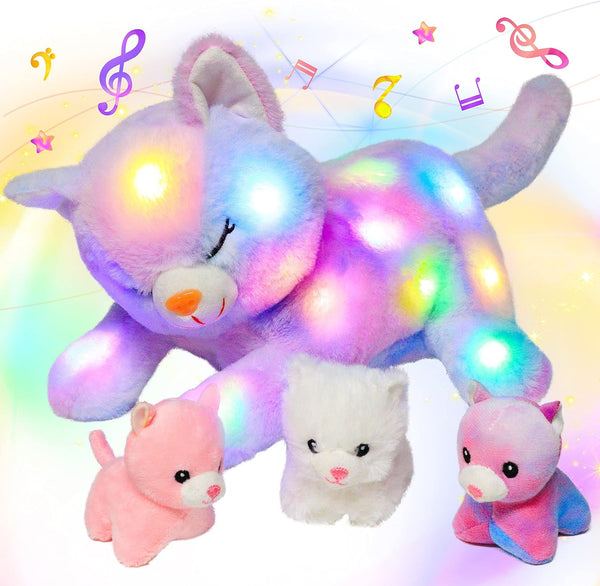 Hopearl LED Musical Stuffed Cat, Singing Plush Toy Playset with 3 Baby Kittens, 18'' Rainbow