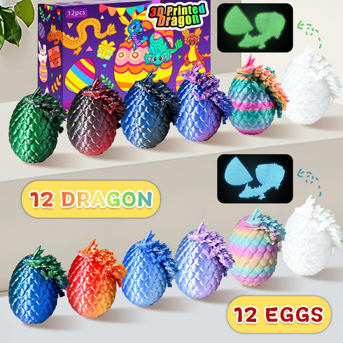 12pcs 3D Impossmaker Printed Dragon Eggs, Cool Articulated Crystal Dragon Toys for Boys Kids Teen, Surprise Dinosaur