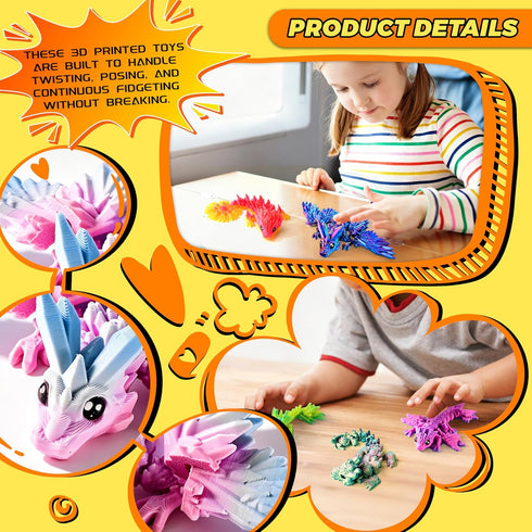 12PCS 3D Set, 4.4"-6" Printed Dragon Easter Basket Gifts for Kids Boys, Articulated Flexible Dragons, Home Office Desk