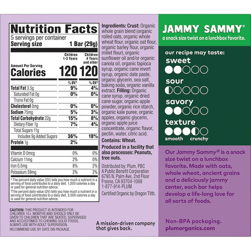 Plum Organics Jammy Sammy Snack Bars - Apple, Kale, Oatmeal, 1.02 oz Bars, Pack of 30, Organic Toddler Snacks
