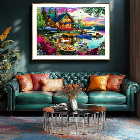 1000 Sunset Piece Puzzle for Adults Lakeside Log Cabin Jigsaw Adult Puzzles with Fire Pit & Dock Lake Landscape Puzzle