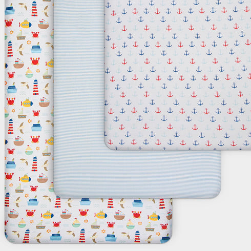 (3 Pack) (52" 28"), Set Set, GROW WILD Nautical & Ships Baby Crib Sheets for Boys - Jersey Knit Fitted Sheet x Toddler