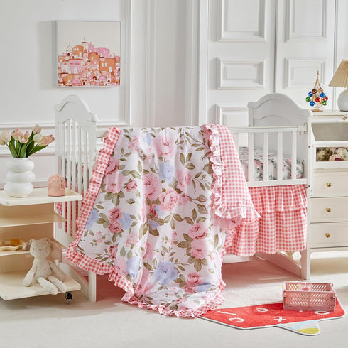 3 Set Pieces Flowers Crib Bedding Baby Ruffled Quilted Comforter with Fitted Sheet and Bed Skirt - Cute Ruffled Shabby