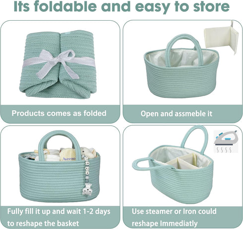 Portable Diaper Caddy Organizer for Baby, Cotton Rope Nursery Storage Bin, Light Green Tote Bag for Changing Table